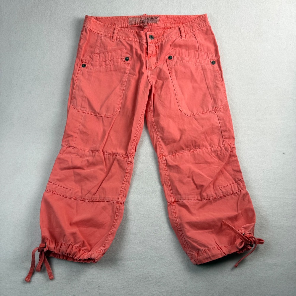 Guess Co Womens Coral Pink Cargo Capri Pants Lace Up Back Size 27 Vintage Y2K